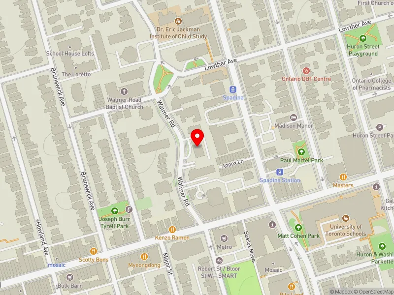 RentSafeTO apartment evaluation map view of 15 WALMER RD in University-Rosedale, Toronto