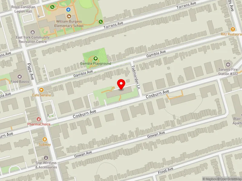 RentSafeTO apartment evaluation map view of 150 COSBURN AVE in Toronto-Danforth, Toronto