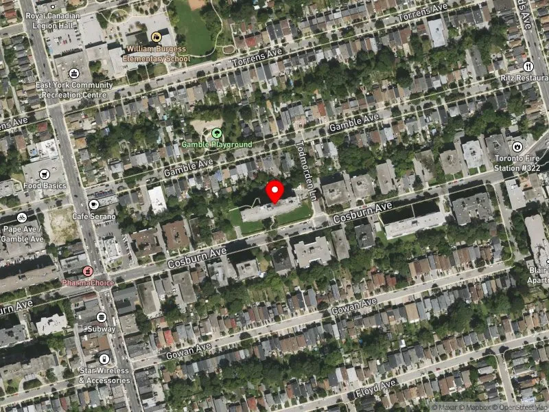 RentSafeTO apartment evaluation satellite view of 150 COSBURN AVE in Toronto-Danforth, Toronto
