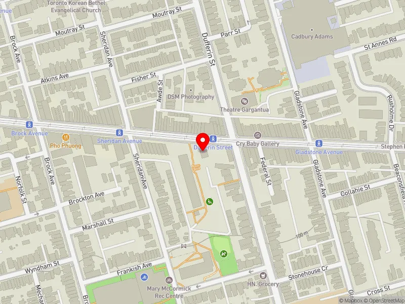 RentSafeTO apartment evaluation map view of 1505 DUNDAS ST W in Davenport, Toronto