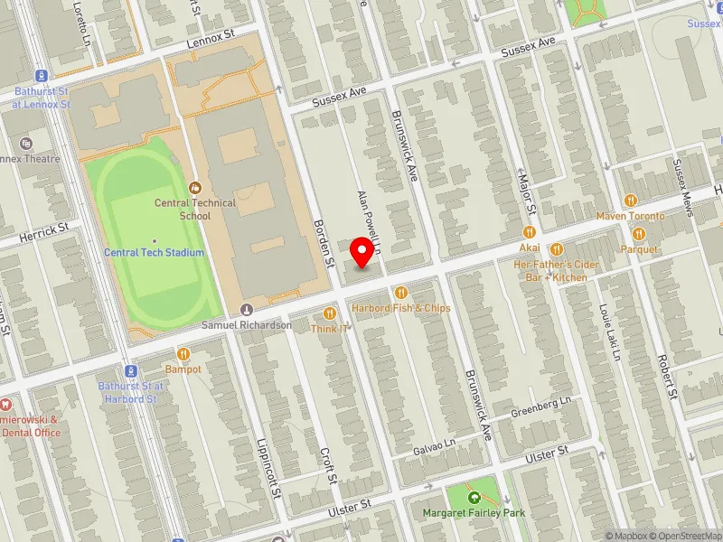 RentSafeTO apartment evaluation map view of 153 BORDEN ST in University-Rosedale, Toronto