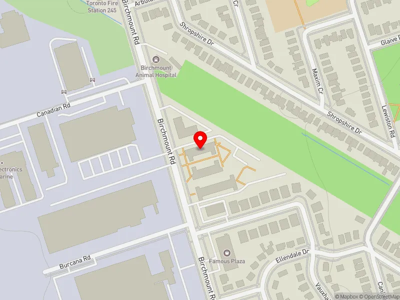 RentSafeTO apartment evaluation map view of 1545 BIRCHMOUNT RD in Scarborough Centre, Toronto