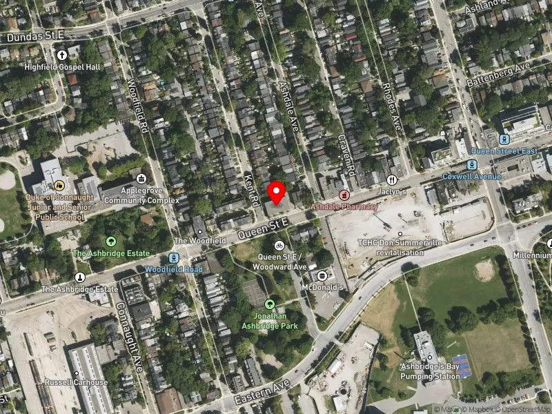 RentSafeTO apartment evaluation satellite view of 1550 QUEEN ST E in Toronto-Danforth, Toronto