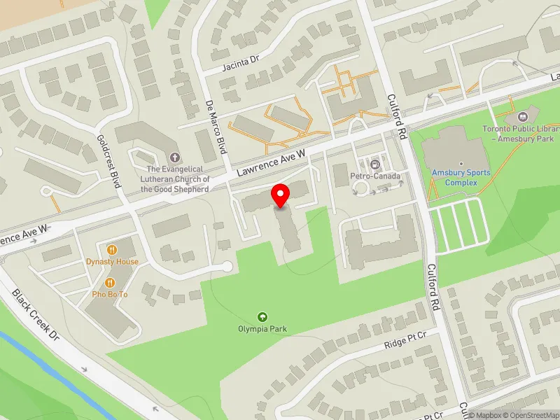 RentSafeTO apartment evaluation map view of 1577 LAWRENCE AVE W in York South-Weston, Toronto