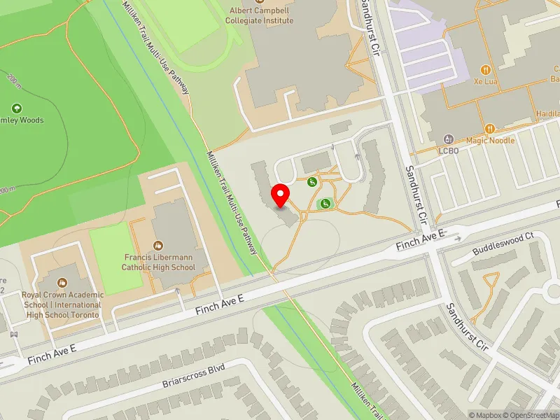 RentSafeTO apartment evaluation map view of 1600 SANDHURST CRCL in Scarborough North, Toronto