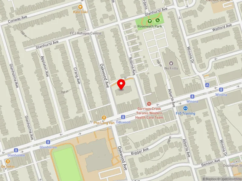 RentSafeTO apartment evaluation map view of 161 OAKWOOD AVE in Davenport, Toronto