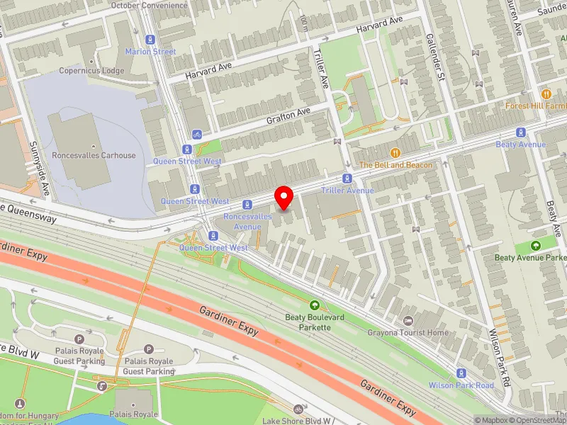 RentSafeTO apartment evaluation map view of 1621 QUEEN ST W in Parkdale-High Park, Toronto