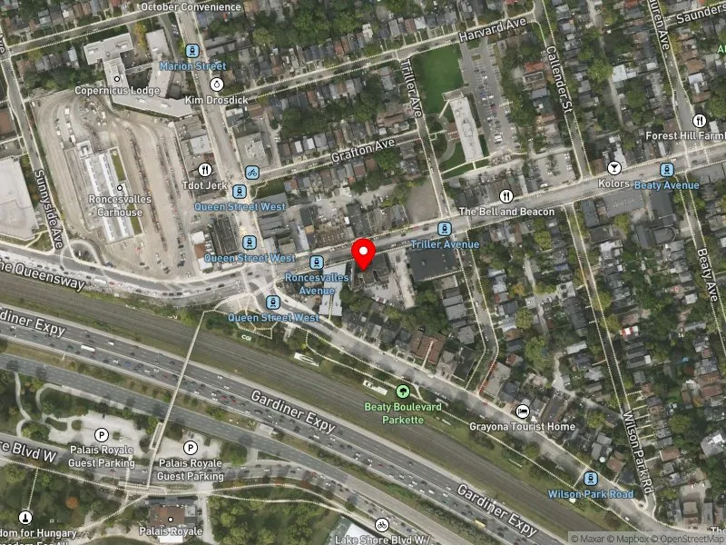 RentSafeTO apartment evaluation satellite view of 1621 QUEEN ST W in Parkdale-High Park, Toronto