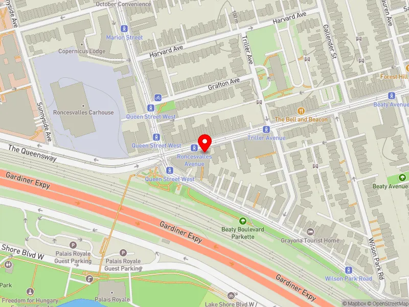 RentSafeTO apartment evaluation map view of 1623 QUEEN ST W in Parkdale-High Park, Toronto