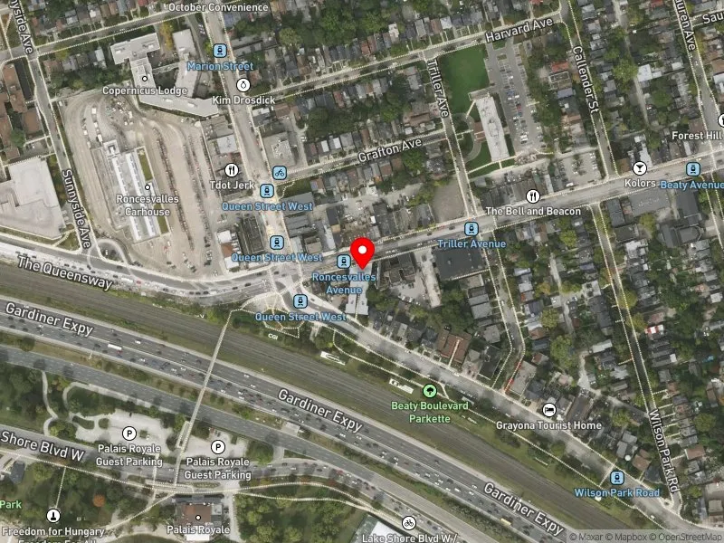 RentSafeTO apartment evaluation satellite view of 1623 QUEEN ST W in Parkdale-High Park, Toronto