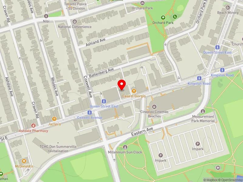 RentSafeTO apartment evaluation map view of 1636 QUEEN ST E in Beaches-East York, Toronto