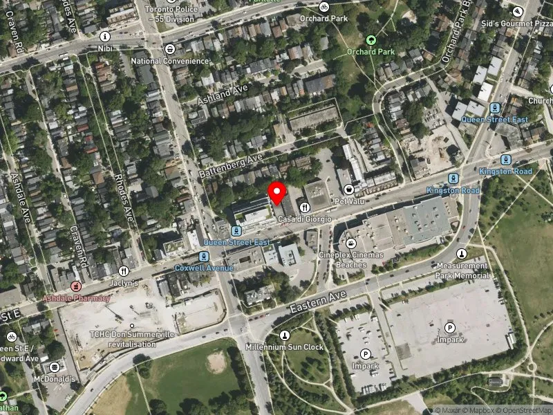 RentSafeTO apartment evaluation satellite view of 1636 QUEEN ST E in Beaches-East York, Toronto