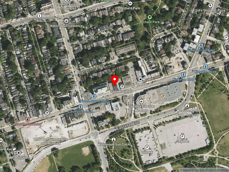 RentSafeTO apartment evaluation satellite view of 1638 QUEEN ST E in Beaches-East York, Toronto