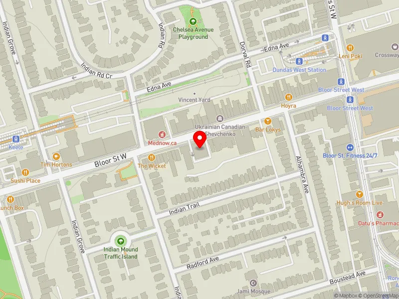 RentSafeTO apartment evaluation map view of 1639 BLOOR ST W in Parkdale-High Park, Toronto
