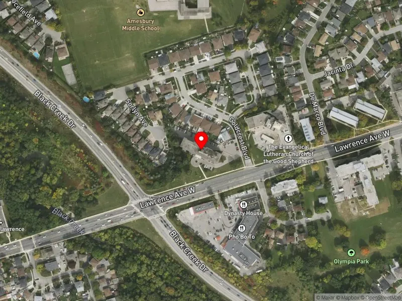 RentSafeTO apartment evaluation satellite view of 1640 LAWRENCE AVE W in York South-Weston, Toronto