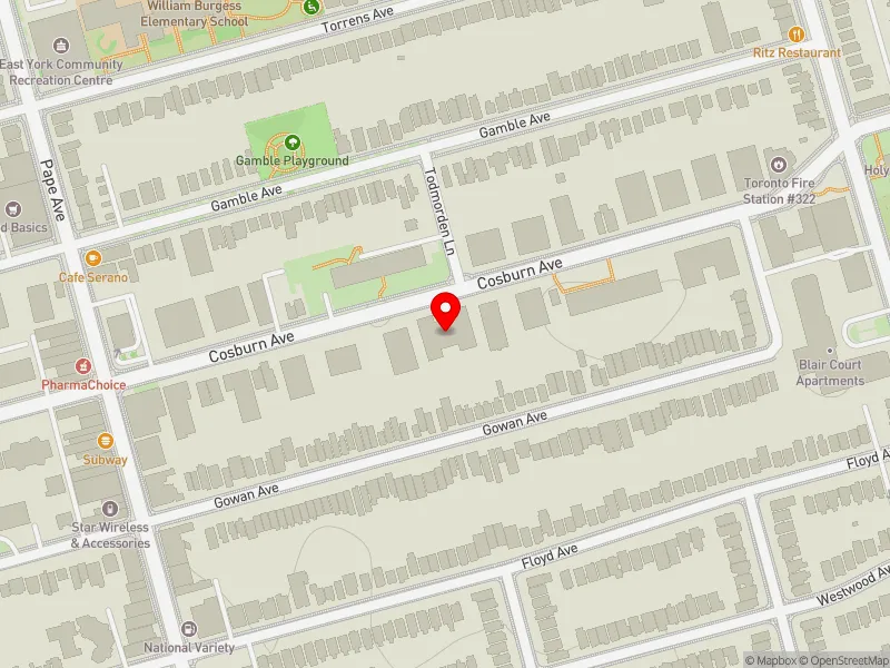 RentSafeTO apartment evaluation map view of 165 COSBURN AVE in Toronto-Danforth, Toronto