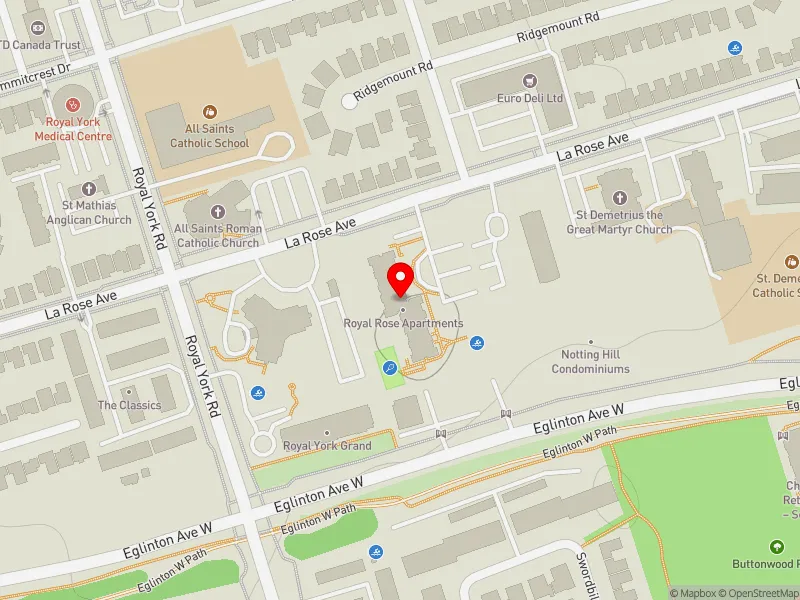 RentSafeTO apartment evaluation map view of 165 LA ROSE AVE in Etobicoke Centre, Toronto