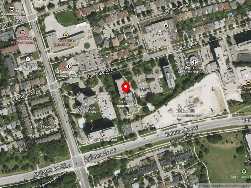 RentSafeTO apartment evaluation satellite view of 165 LA ROSE AVE in Etobicoke Centre, Toronto