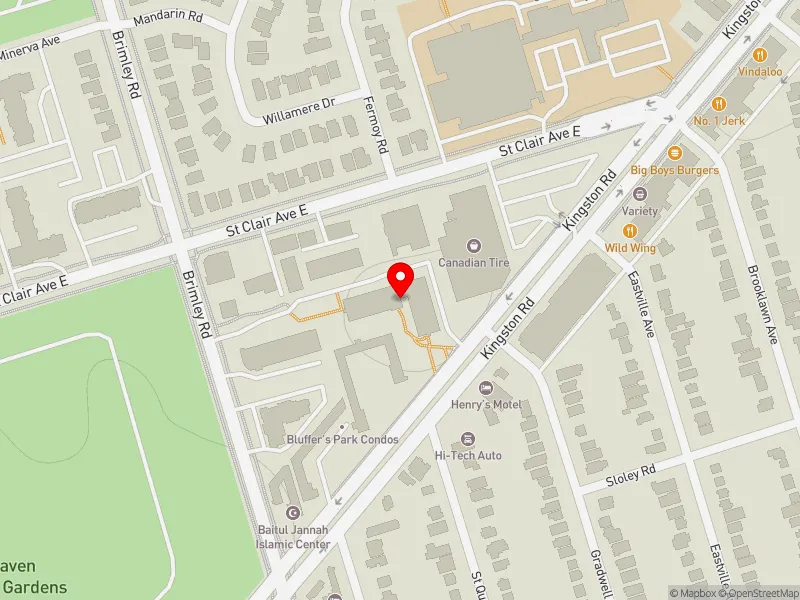 RentSafeTO apartment evaluation map view of 17 BRIMLEY RD in Scarborough Southwest, Toronto