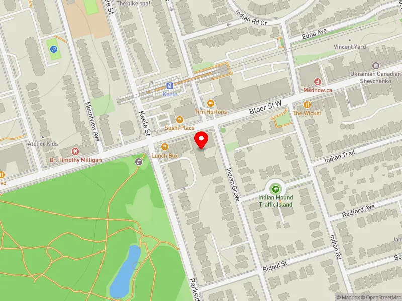 RentSafeTO apartment evaluation map view of 1709 BLOOR ST W in Parkdale-High Park, Toronto