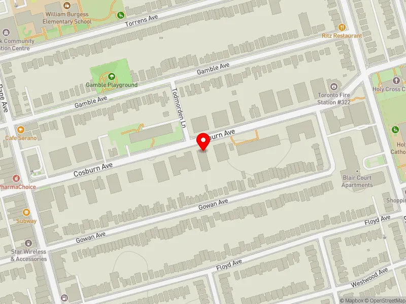RentSafeTO apartment evaluation map view of 175 COSBURN AVE in Toronto-Danforth, Toronto