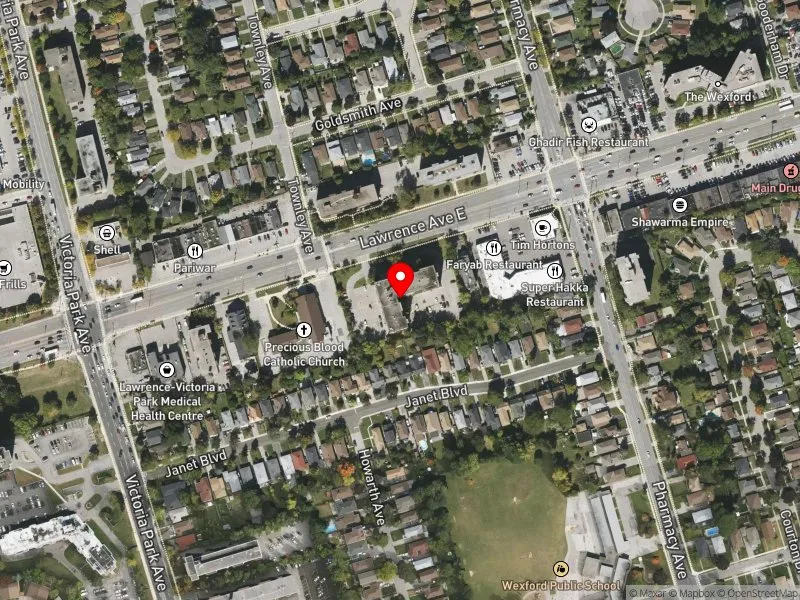 RentSafeTO apartment evaluation satellite view of 1765 LAWRENCE AVE E in Scarborough Centre, Toronto