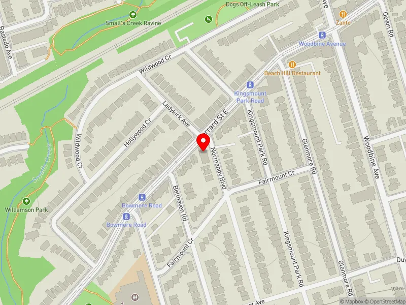RentSafeTO apartment evaluation map view of 1845 GERRARD ST E in Beaches-East York, Toronto