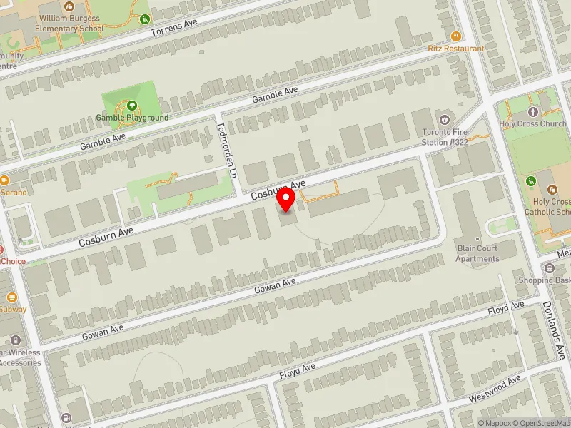 RentSafeTO apartment evaluation map view of 185 COSBURN AVE in Toronto-Danforth, Toronto