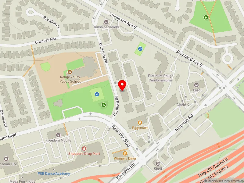 RentSafeTO apartment evaluation map view of 19 DURNFORD RD in Scarborough-Rouge Park, Toronto