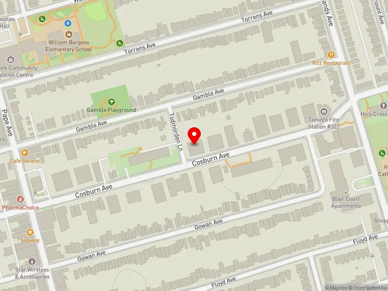 RentSafeTO apartment evaluation map view of 190 COSBURN AVE in Toronto-Danforth, Toronto