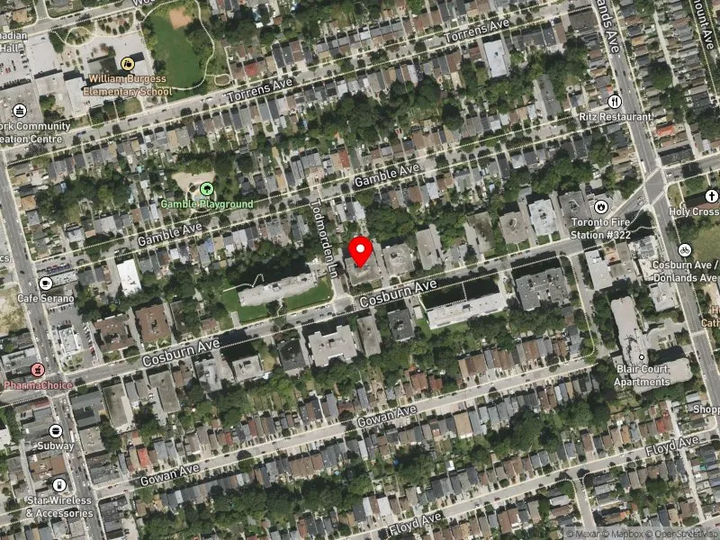 RentSafeTO apartment evaluation satellite view of 190 COSBURN AVE in Toronto-Danforth, Toronto