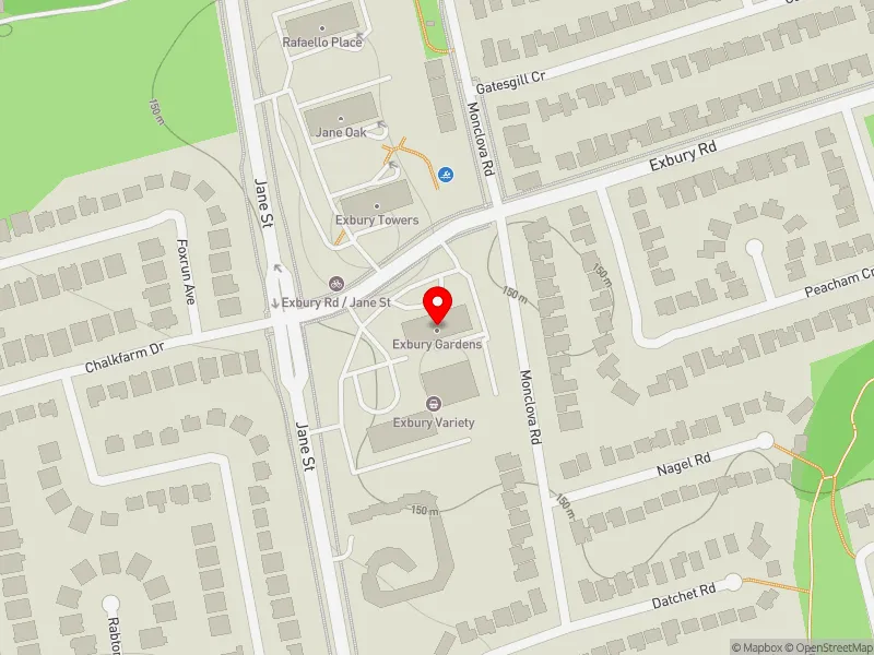 RentSafeTO apartment evaluation map view of 190 EXBURY RD in York Centre, Toronto