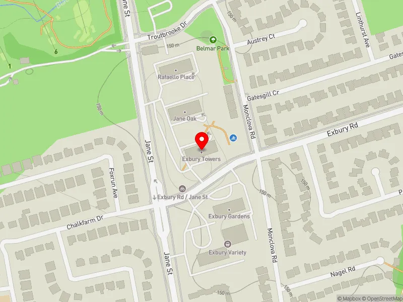 RentSafeTO apartment evaluation map view of 195 EXBURY RD in York Centre, Toronto
