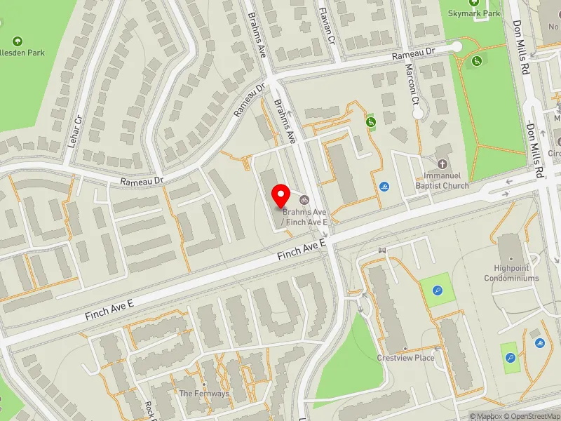 RentSafeTO apartment evaluation map view of 2 BRAHMS AVE in Don Valley North, Toronto