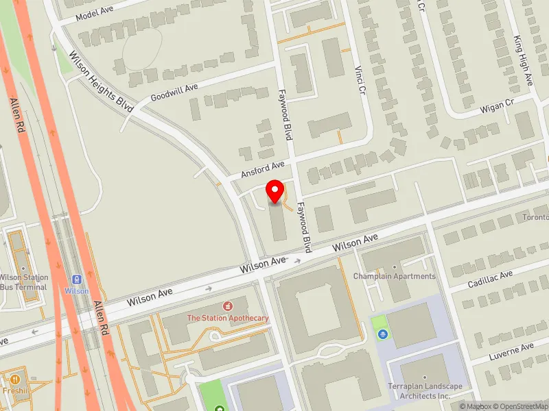 RentSafeTO apartment evaluation map view of 2 FAYWOOD BLVD in York Centre, Toronto