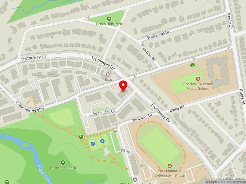 RentSafeTO apartment evaluation map view of 2 GREENTREE CRT in York South-Weston, Toronto