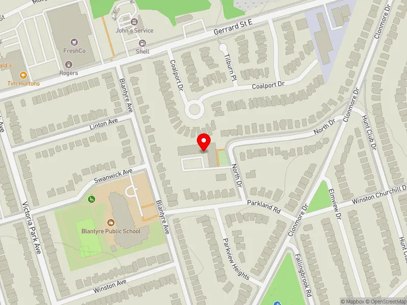 RentSafeTO apartment evaluation map view of 2 NORTH DR in Scarborough Southwest, Toronto