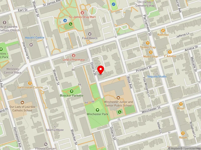 RentSafeTO apartment evaluation map view of 2 PROSPECT ST in Toronto Centre, Toronto