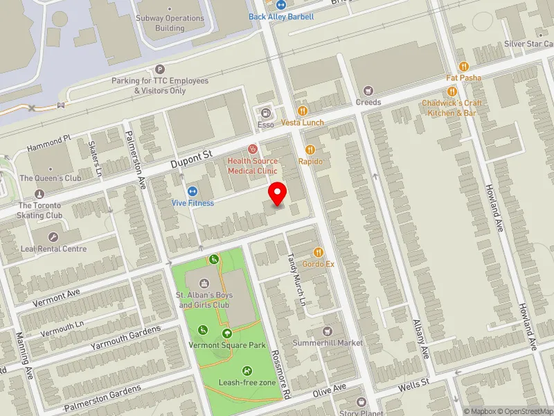 RentSafeTO apartment evaluation map view of 2 VERMONT AVE in University-Rosedale, Toronto