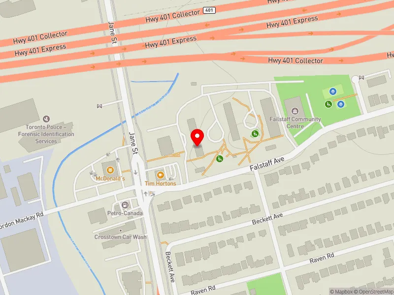 RentSafeTO apartment evaluation map view of 20-50 FALSTAFF AVE in York South-Weston, Toronto