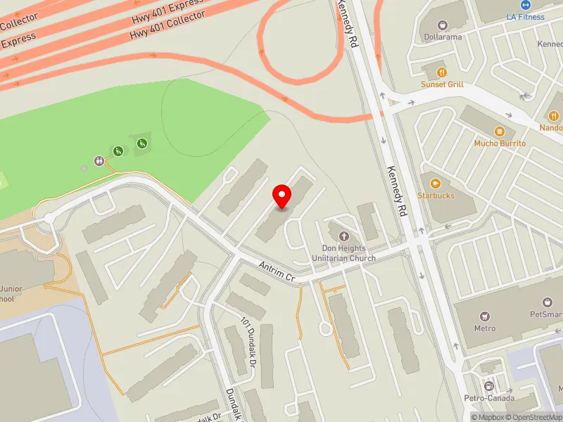 RentSafeTO apartment evaluation map view of 20 ANTRIM CRES in Scarborough Centre, Toronto