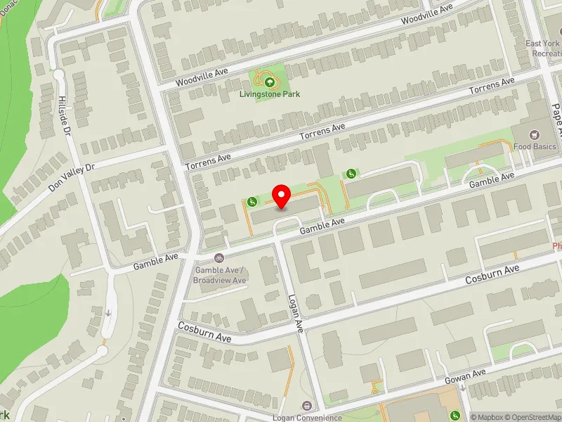 RentSafeTO apartment evaluation map view of 20 GAMBLE AVE in Toronto-Danforth, Toronto