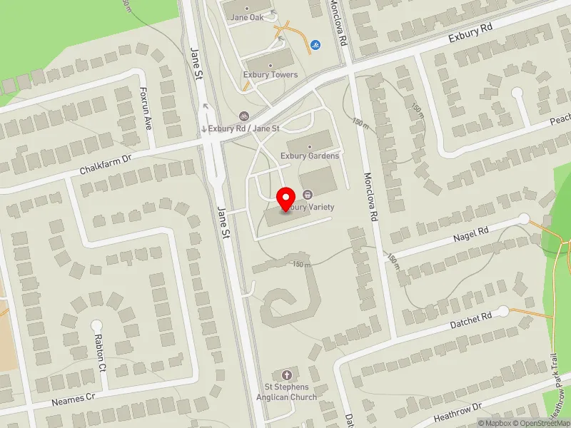 RentSafeTO apartment evaluation map view of 200 EXBURY RD in York Centre, Toronto