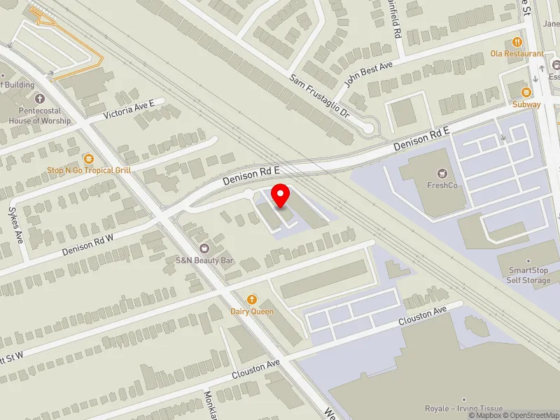 RentSafeTO apartment evaluation map view of 21 DENISON RD E in York South-Weston, Toronto