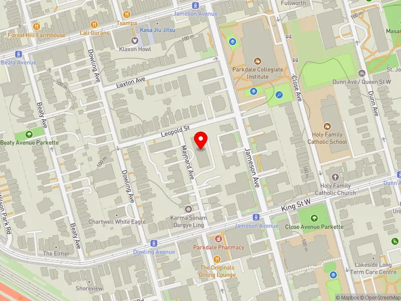 RentSafeTO apartment evaluation map view of 21 MAYNARD AVE in Parkdale-High Park, Toronto