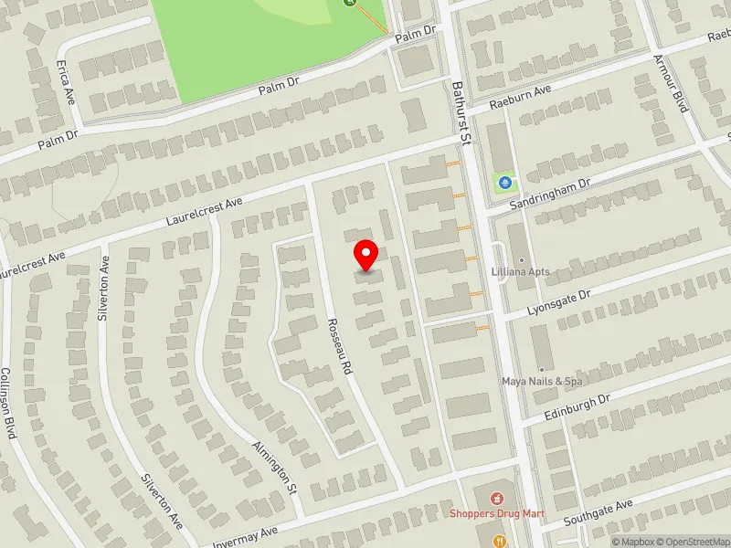 RentSafeTO apartment evaluation map view of 21 ROSSEAU RD in York Centre, Toronto