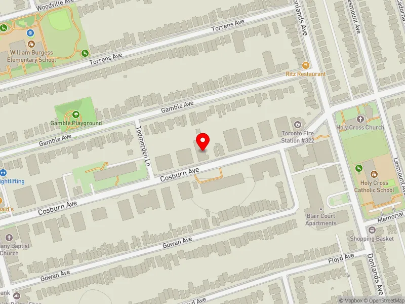 RentSafeTO apartment evaluation map view of 210 COSBURN AVE in Toronto-Danforth, Toronto