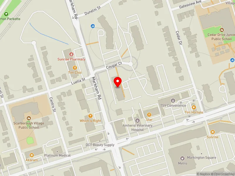 RentSafeTO apartment evaluation map view of 215 MARKHAM RD in Scarborough-Guildwood, Toronto