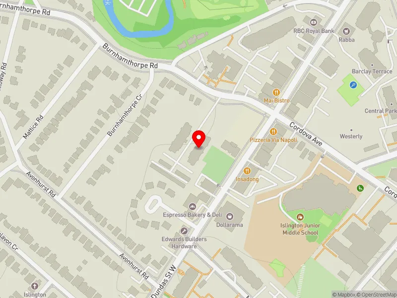 RentSafeTO apartment evaluation map view of 22 BURNHAMTHORPE RD in Etobicoke-Lakeshore, Toronto