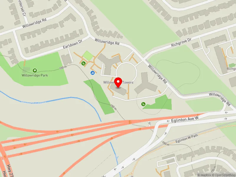 RentSafeTO apartment evaluation map view of 22 WILLOWRIDGE RD in Etobicoke North, Toronto